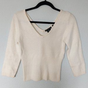FRIENDS Clothing Ivory Angora Blend Ribbed Cropped V-Neck 3/4 Sleeve Sweater